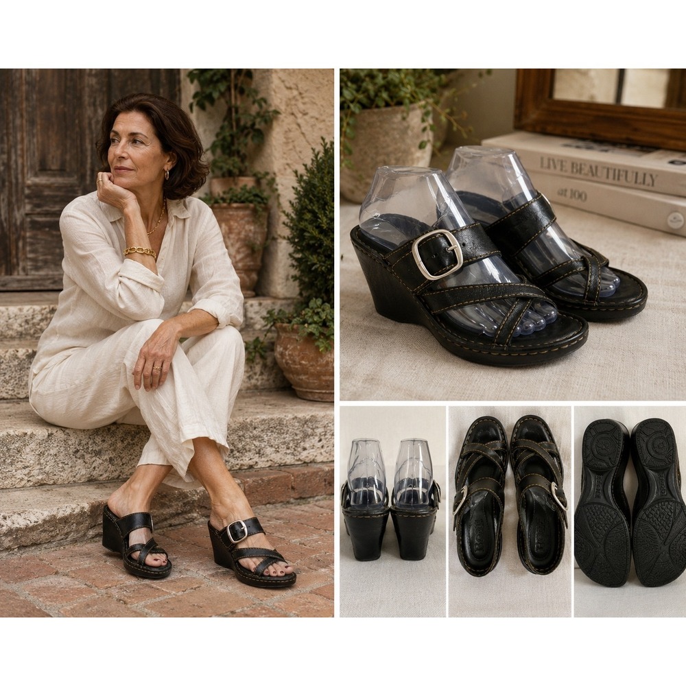 Born Black Leather Wedge Sandals Womens‎ 6 Buckle Comfort Boho Casual Slide